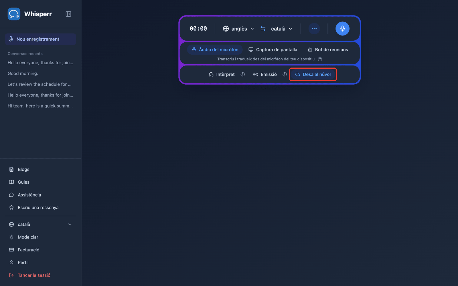 The Save to cloud toggle highlighted in the Whisperr Web App recording bar