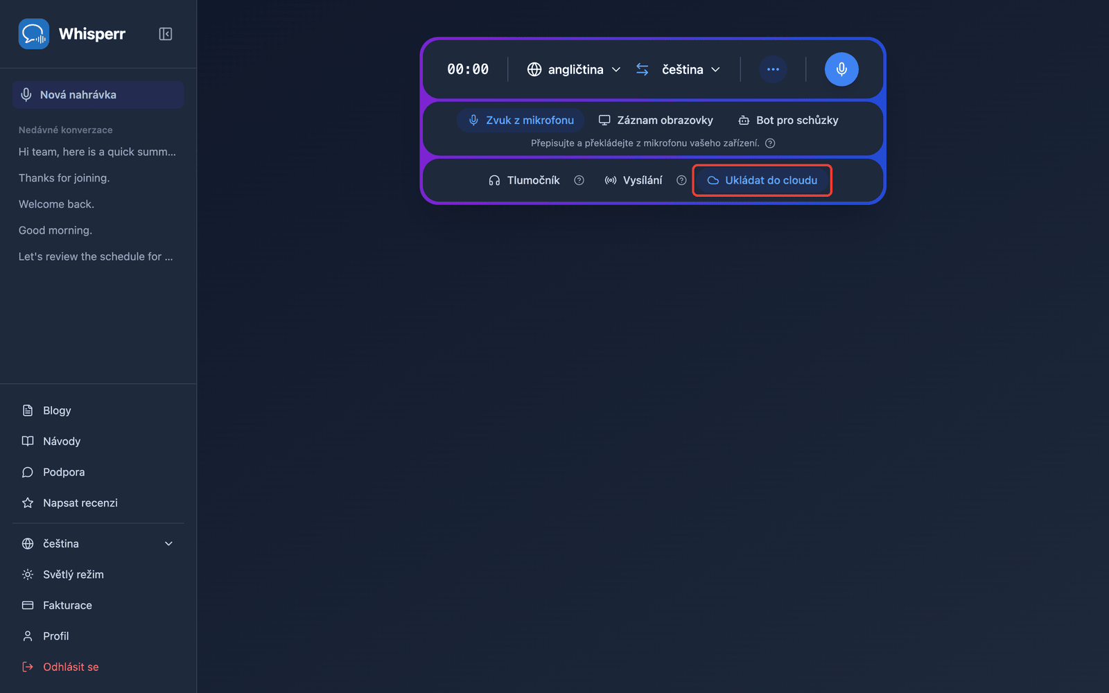 The Save to cloud toggle highlighted in the Whisperr Web App recording bar