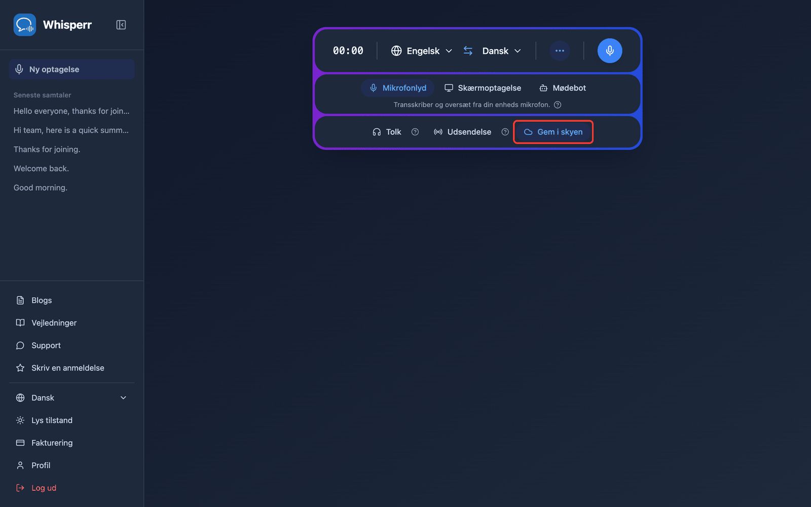 The Save to cloud toggle highlighted in the Whisperr Web App recording bar