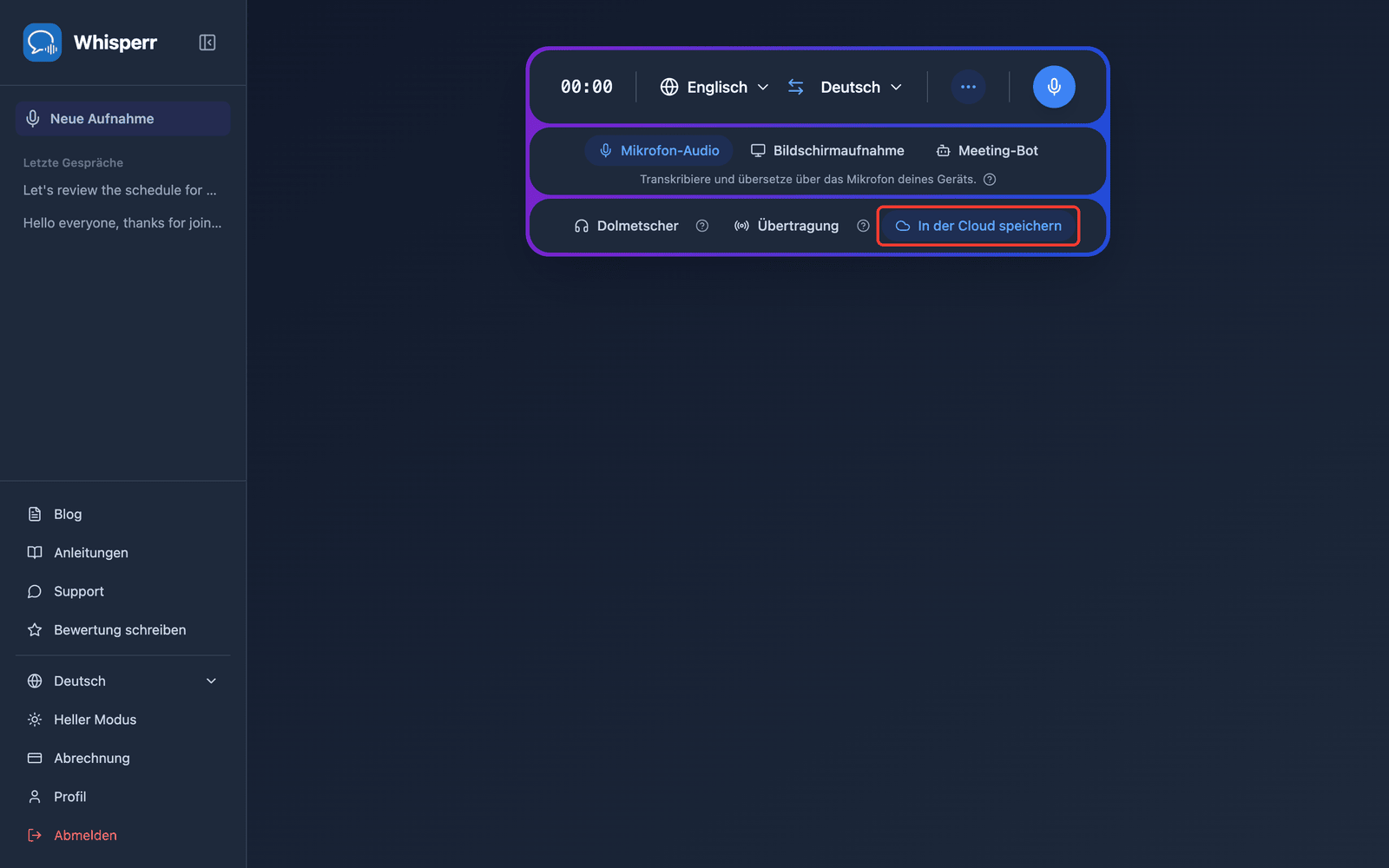 The Save to cloud toggle highlighted in the Whisperr Web App recording bar