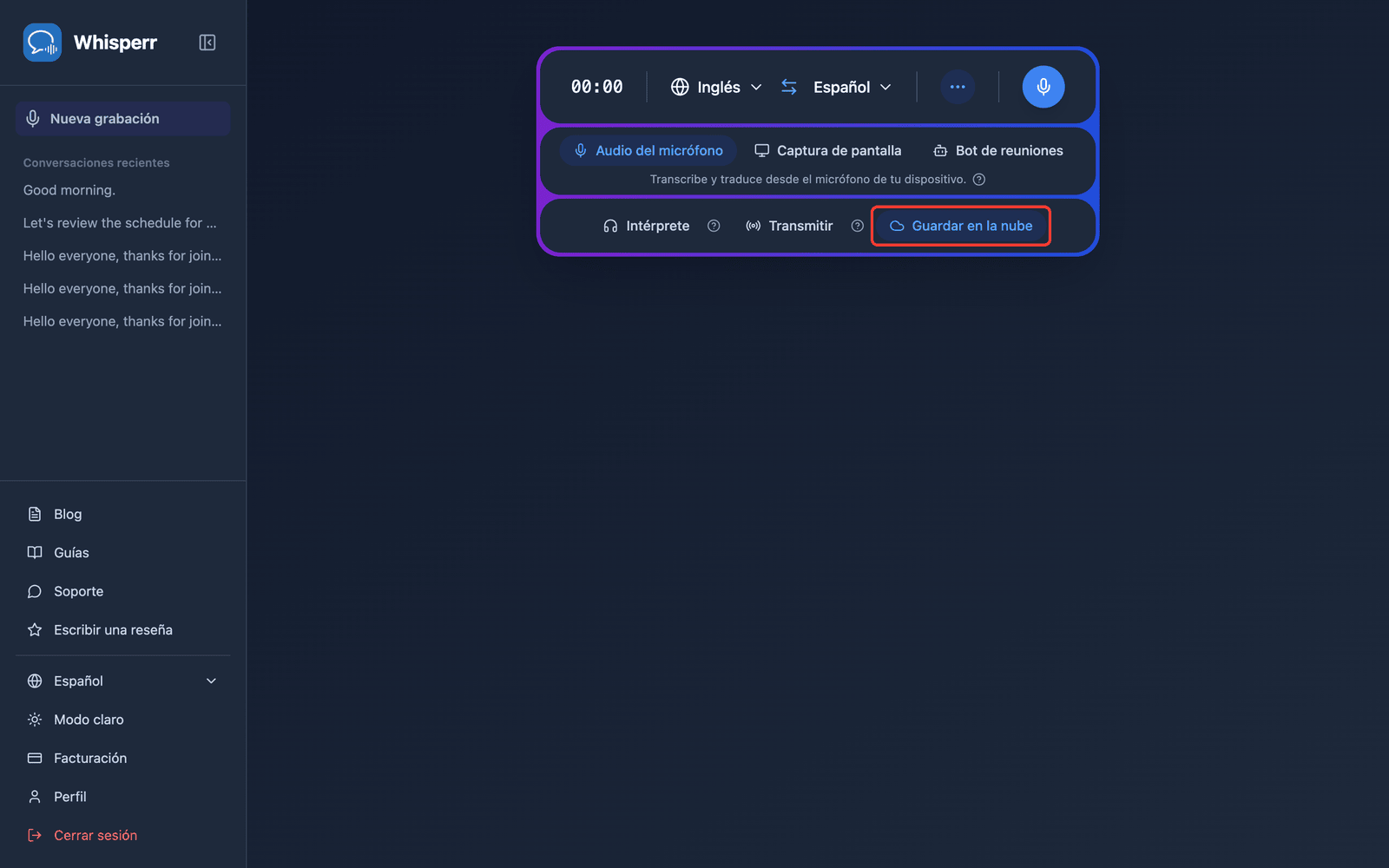 The Save to cloud toggle highlighted in the Whisperr Web App recording bar