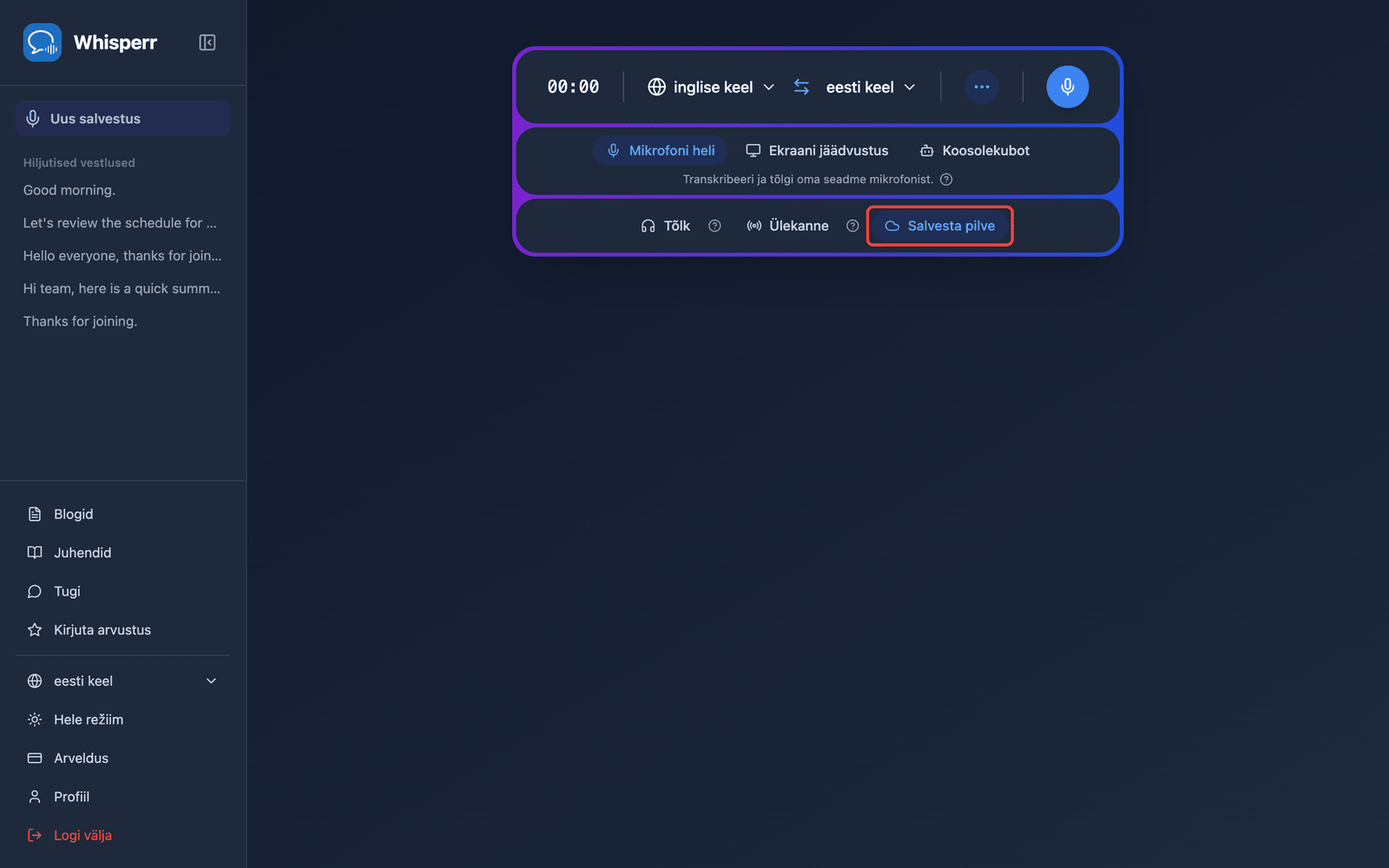 The Save to cloud toggle highlighted in the Whisperr Web App recording bar
