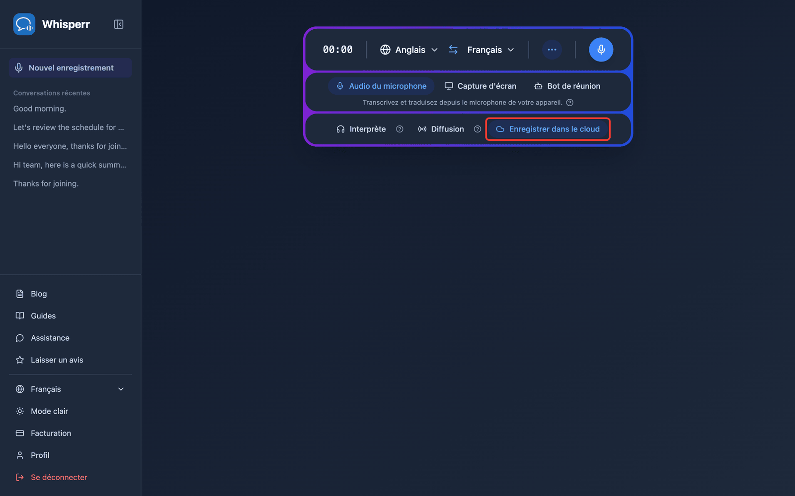 The Save to cloud toggle highlighted in the Whisperr Web App recording bar