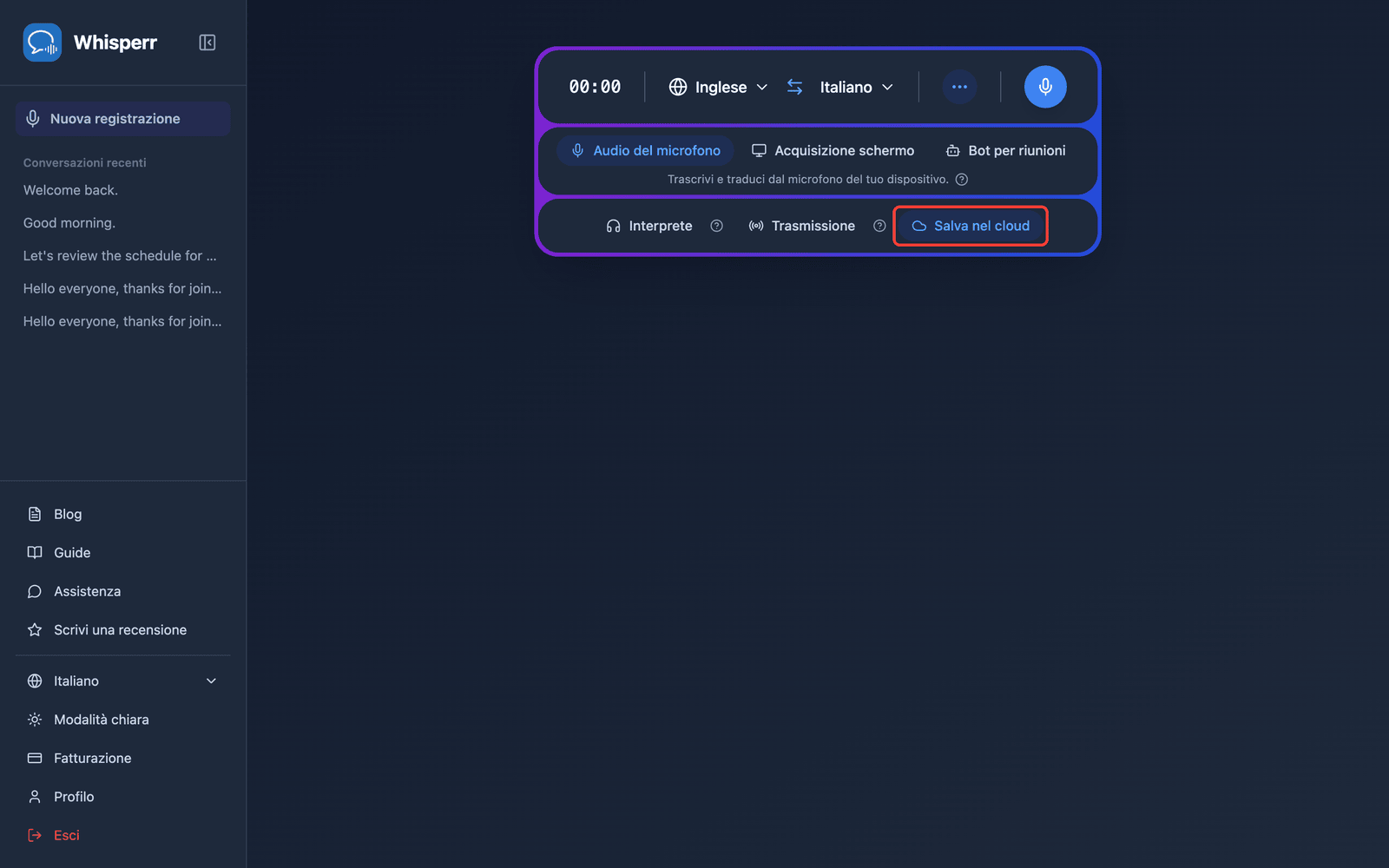 The Save to cloud toggle highlighted in the Whisperr Web App recording bar