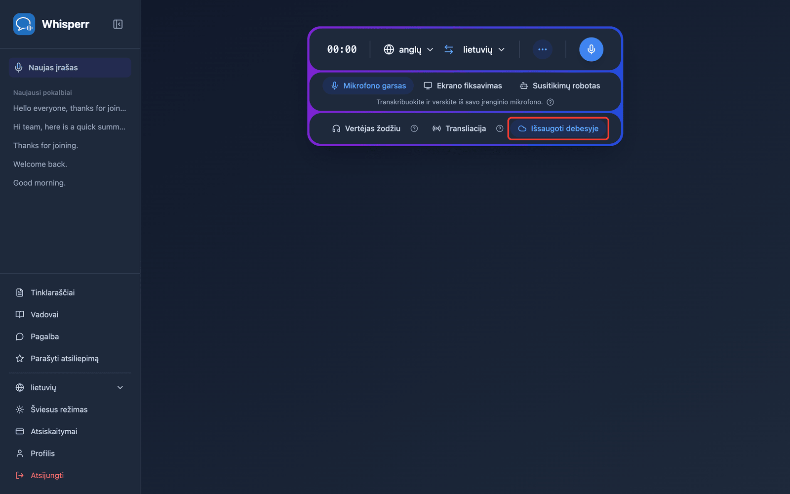 The Save to cloud toggle highlighted in the Whisperr Web App recording bar