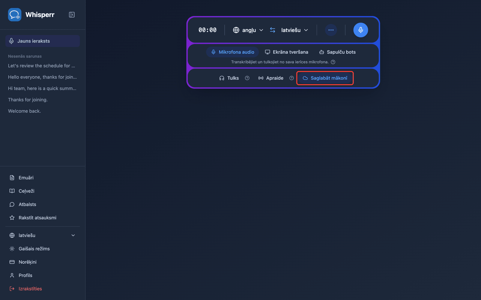 The Save to cloud toggle highlighted in the Whisperr Web App recording bar