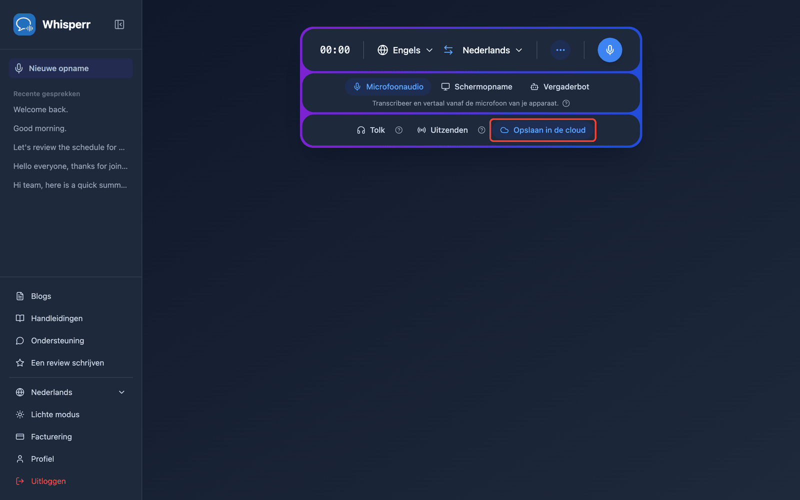 The Save to cloud toggle highlighted in the Whisperr Web App recording bar