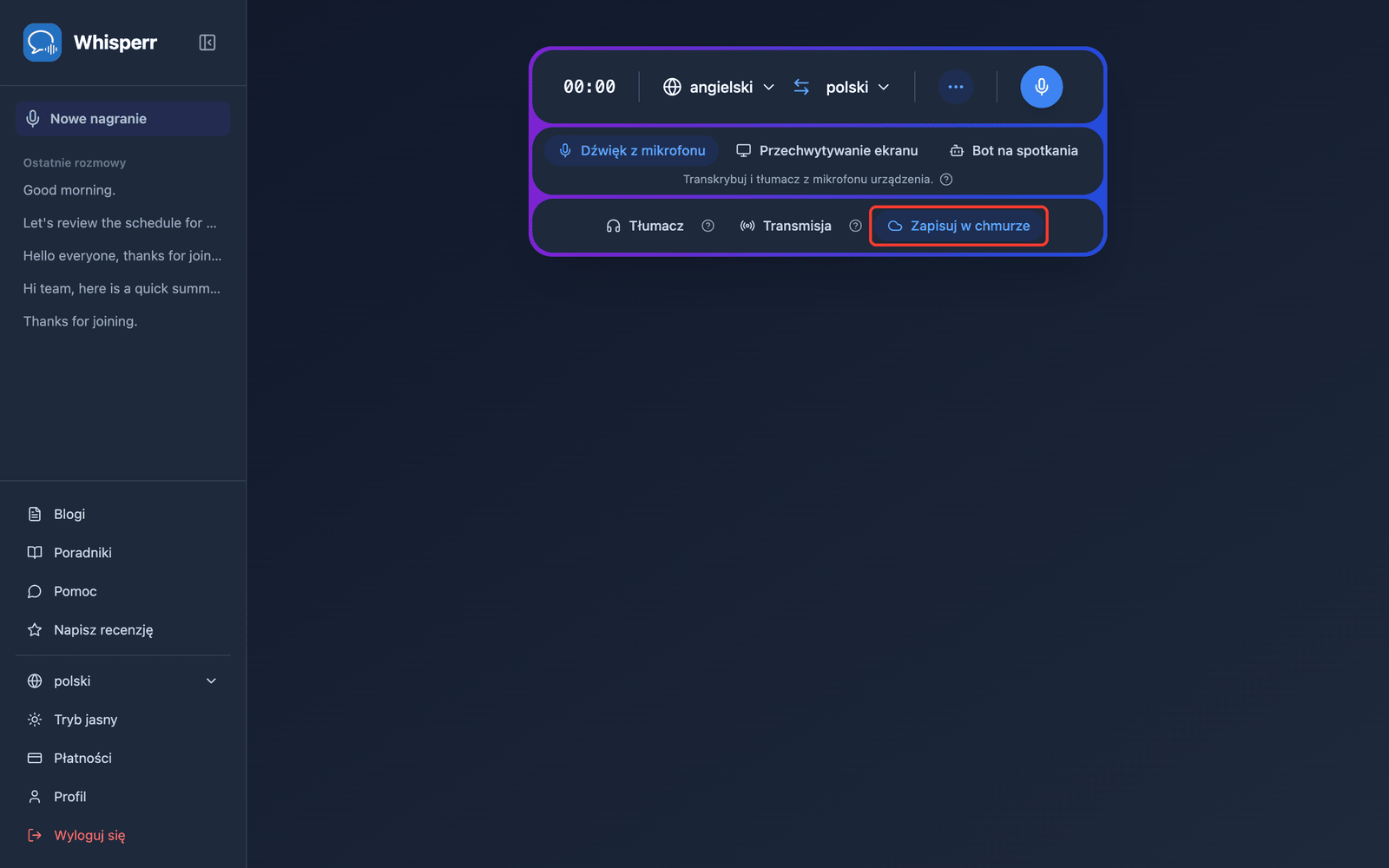 The Save to cloud toggle highlighted in the Whisperr Web App recording bar