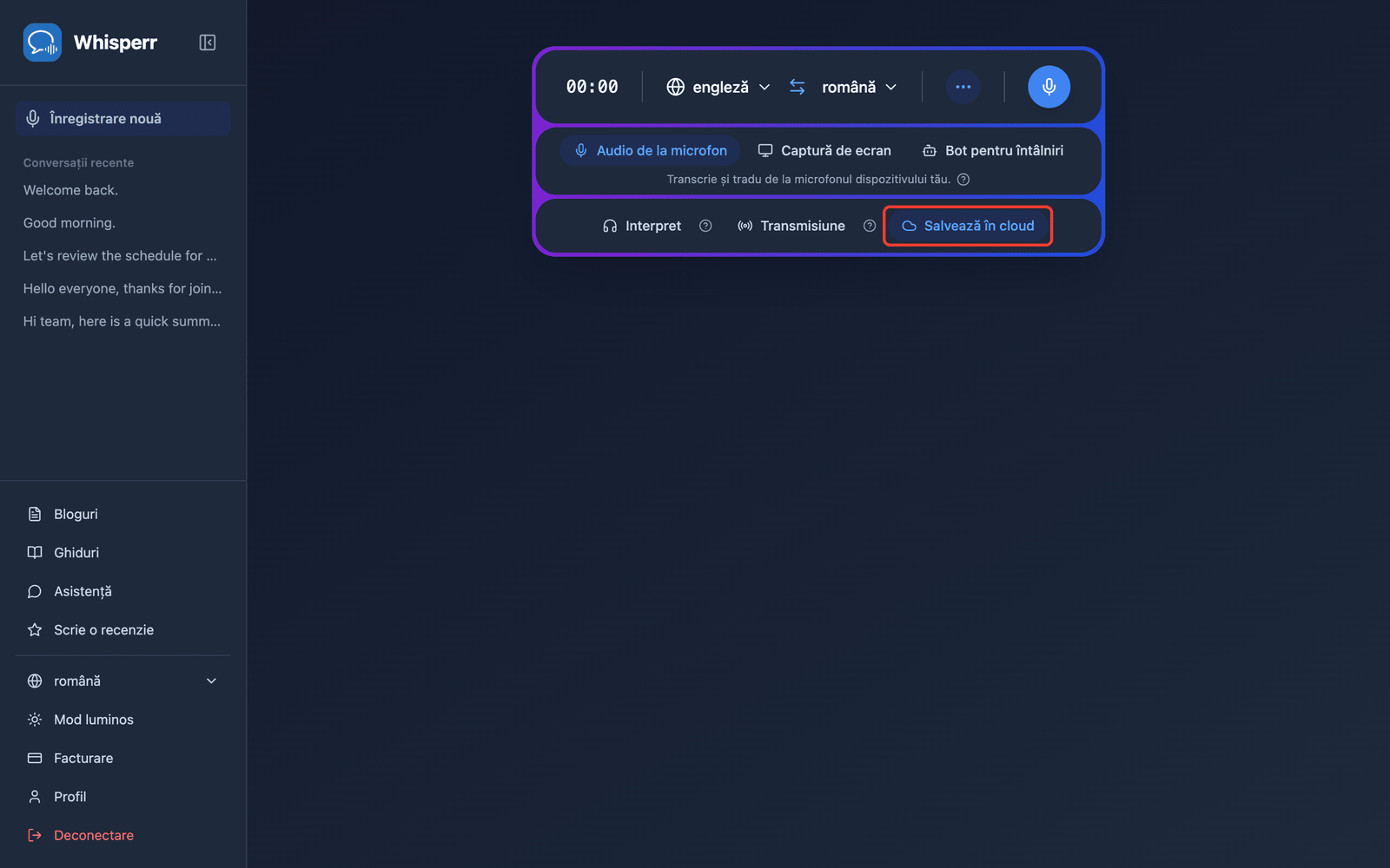 The Save to cloud toggle highlighted in the Whisperr Web App recording bar