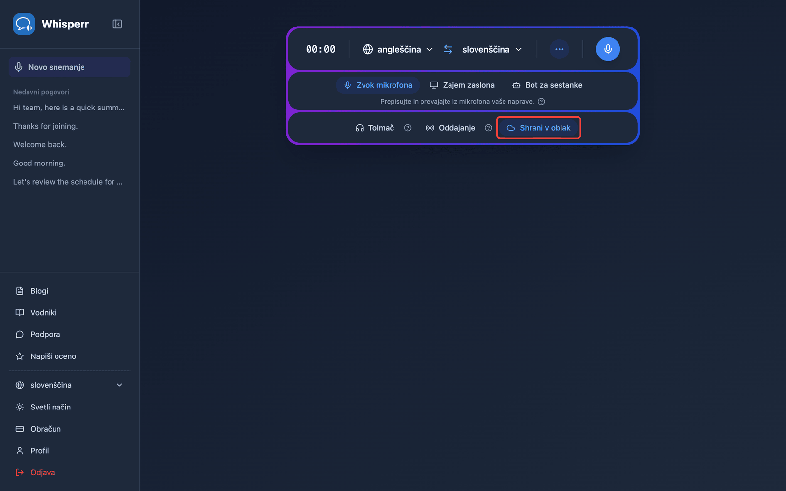 The Save to cloud toggle highlighted in the Whisperr Web App recording bar