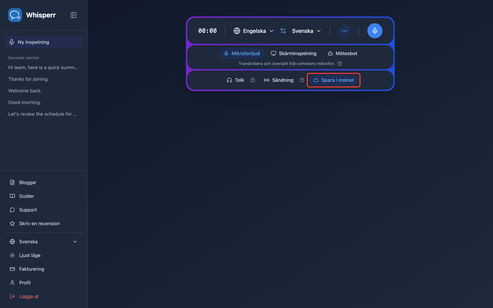 The Save to cloud toggle highlighted in the Whisperr Web App recording bar