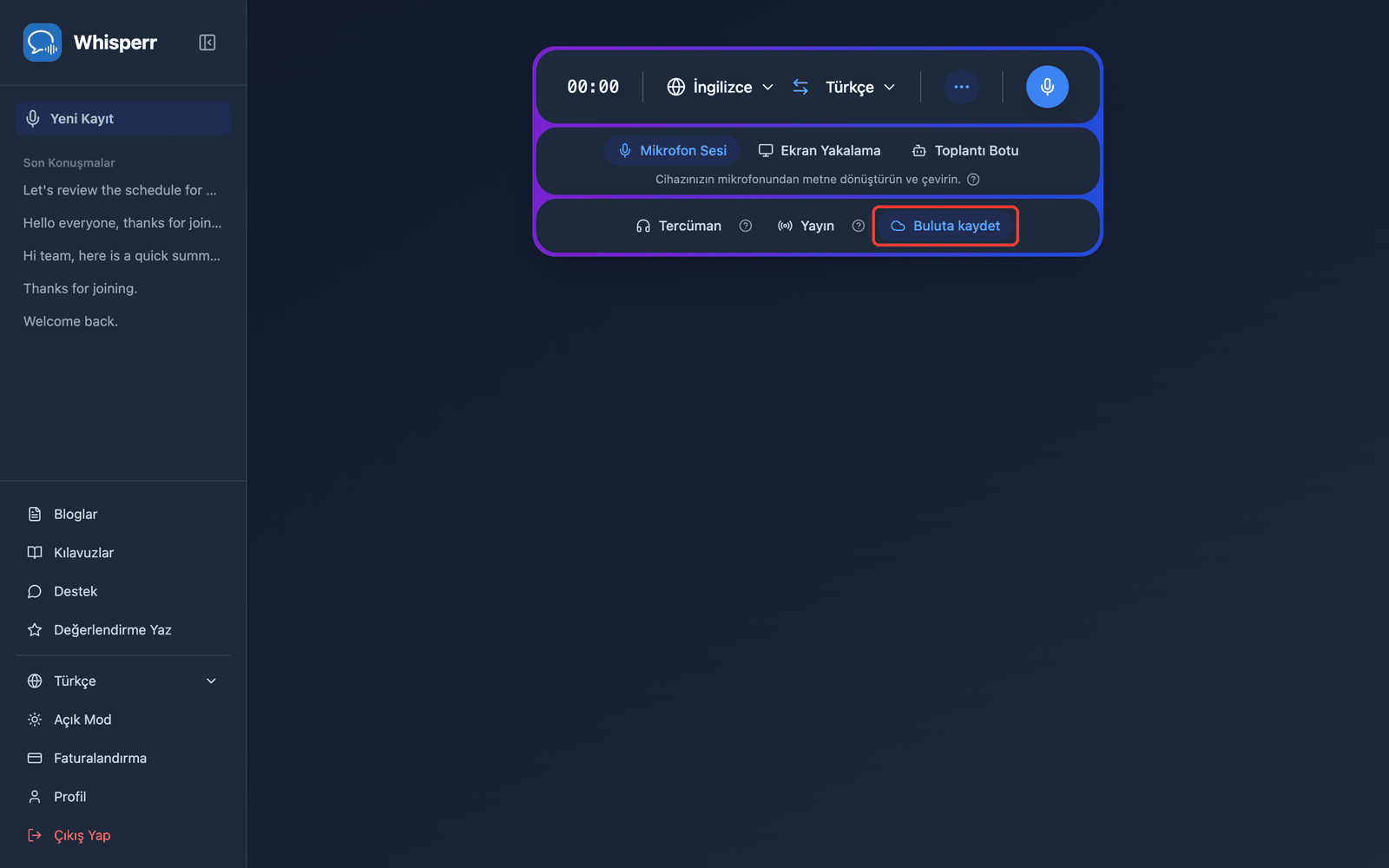 The Save to cloud toggle highlighted in the Whisperr Web App recording bar