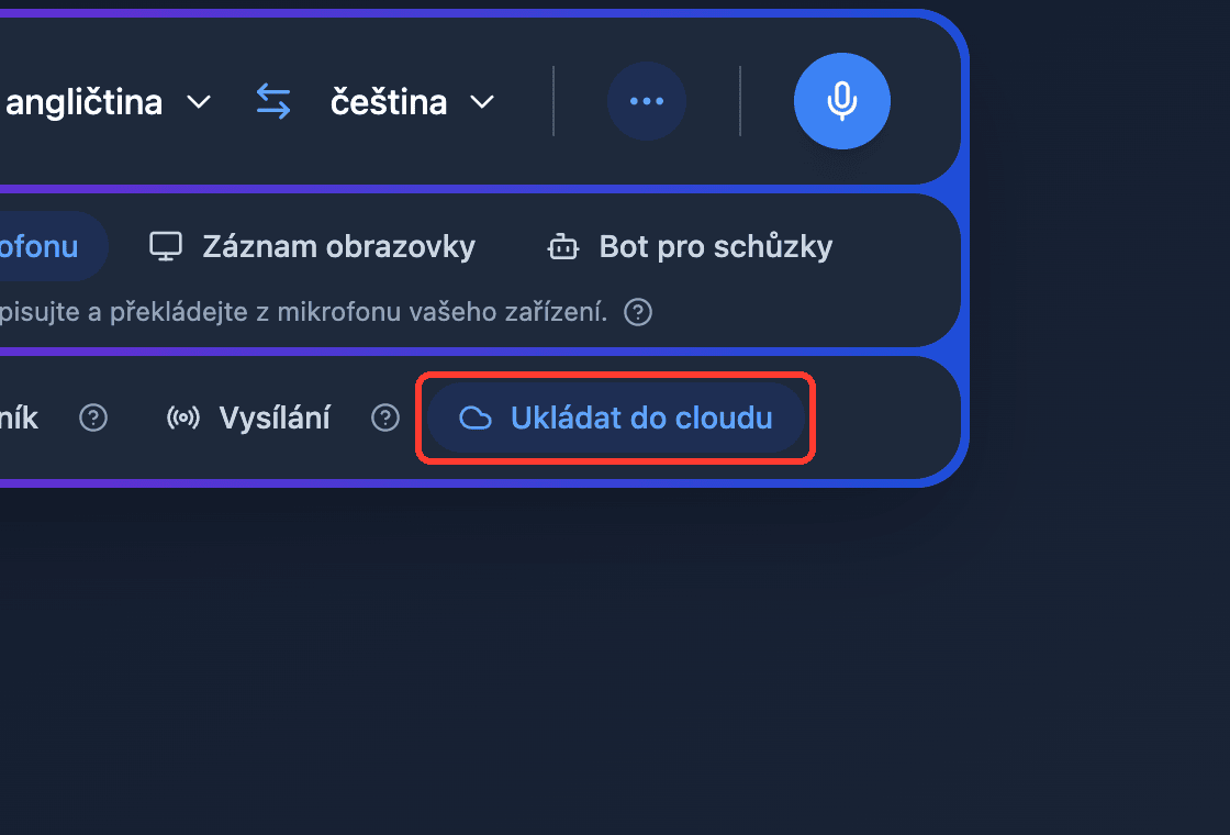 Zoomed view of the Save to cloud toggle in the Whisperr Web App