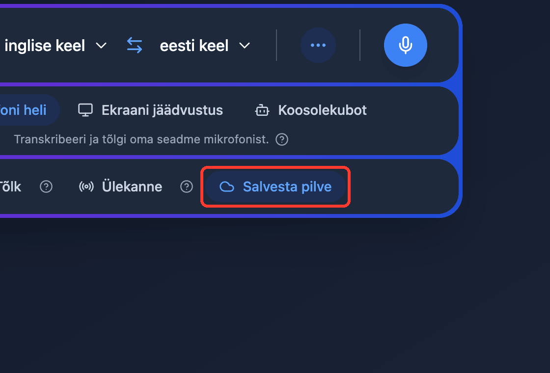 Zoomed view of the Save to cloud toggle in the Whisperr Web App