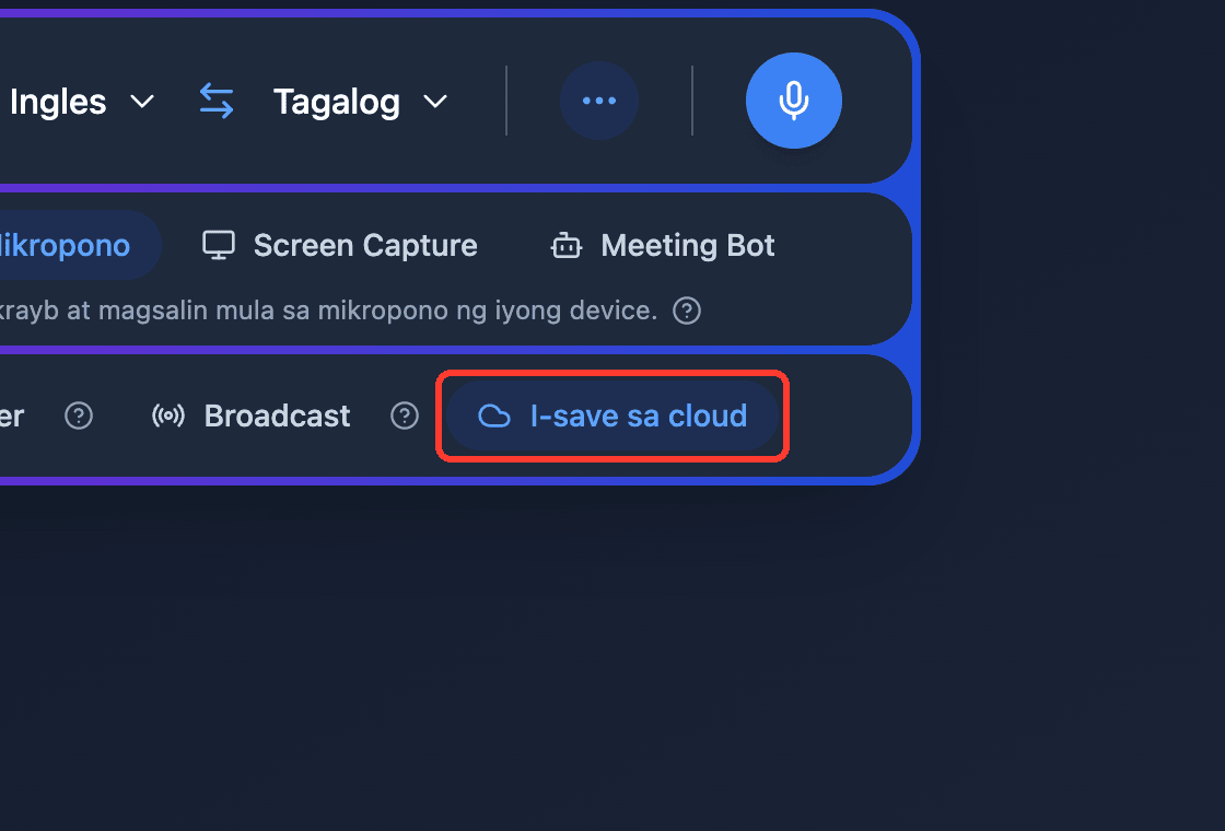 Zoomed view of the Save to cloud toggle in the Whisperr Web App