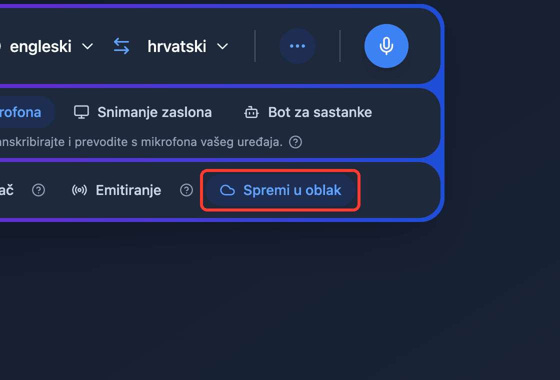 Zoomed view of the Save to cloud toggle in the Whisperr Web App