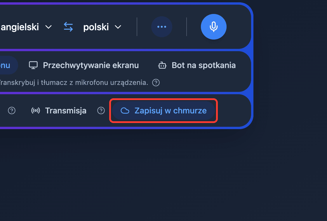Zoomed view of the Save to cloud toggle in the Whisperr Web App