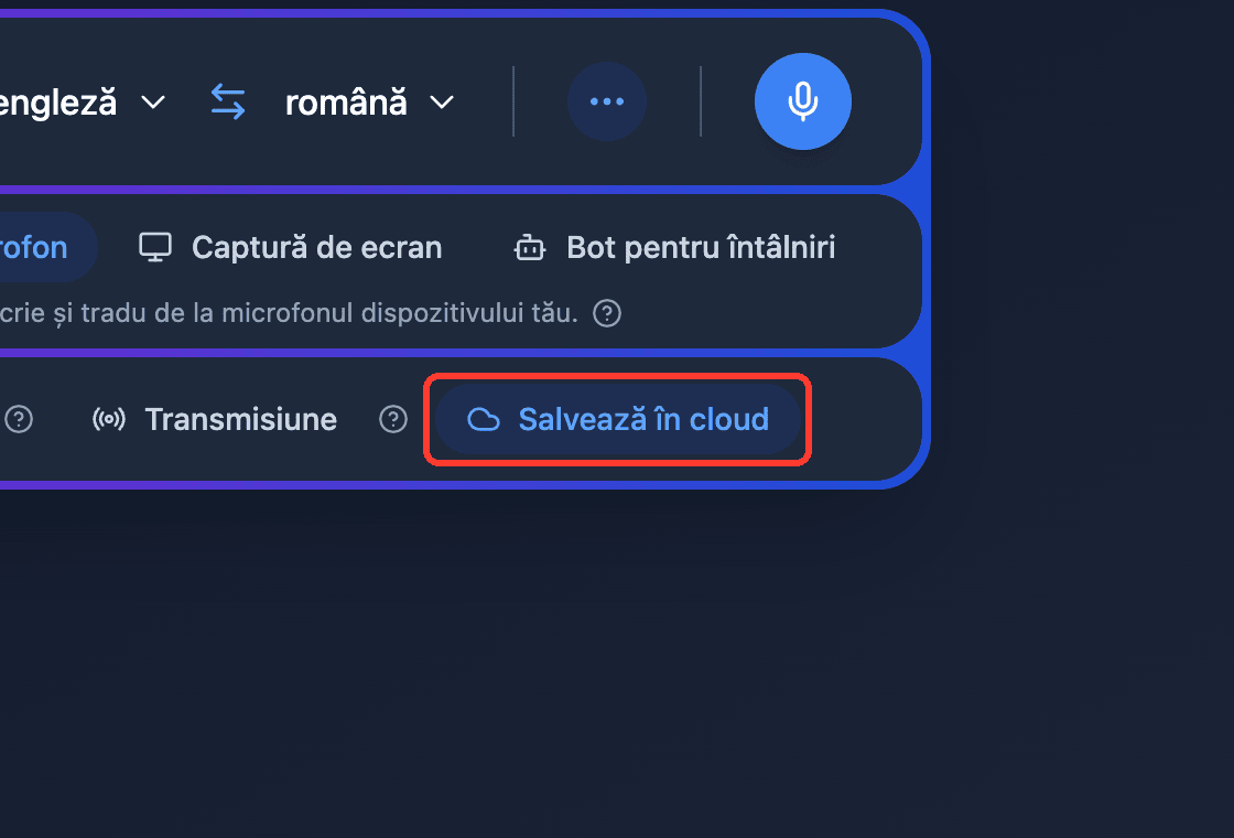 Zoomed view of the Save to cloud toggle in the Whisperr Web App