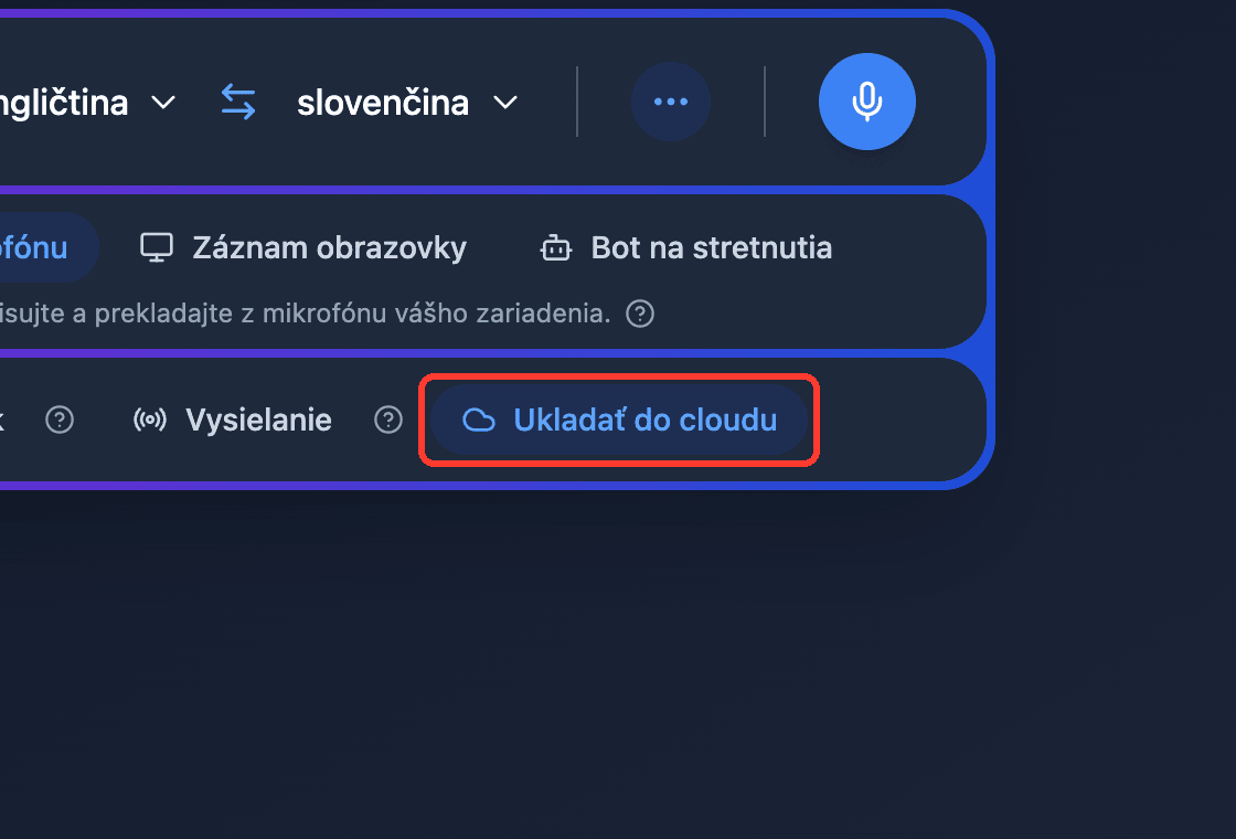 Zoomed view of the Save to cloud toggle in the Whisperr Web App