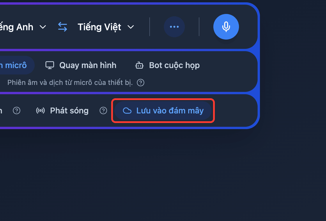 Zoomed view of the Save to cloud toggle in the Whisperr Web App