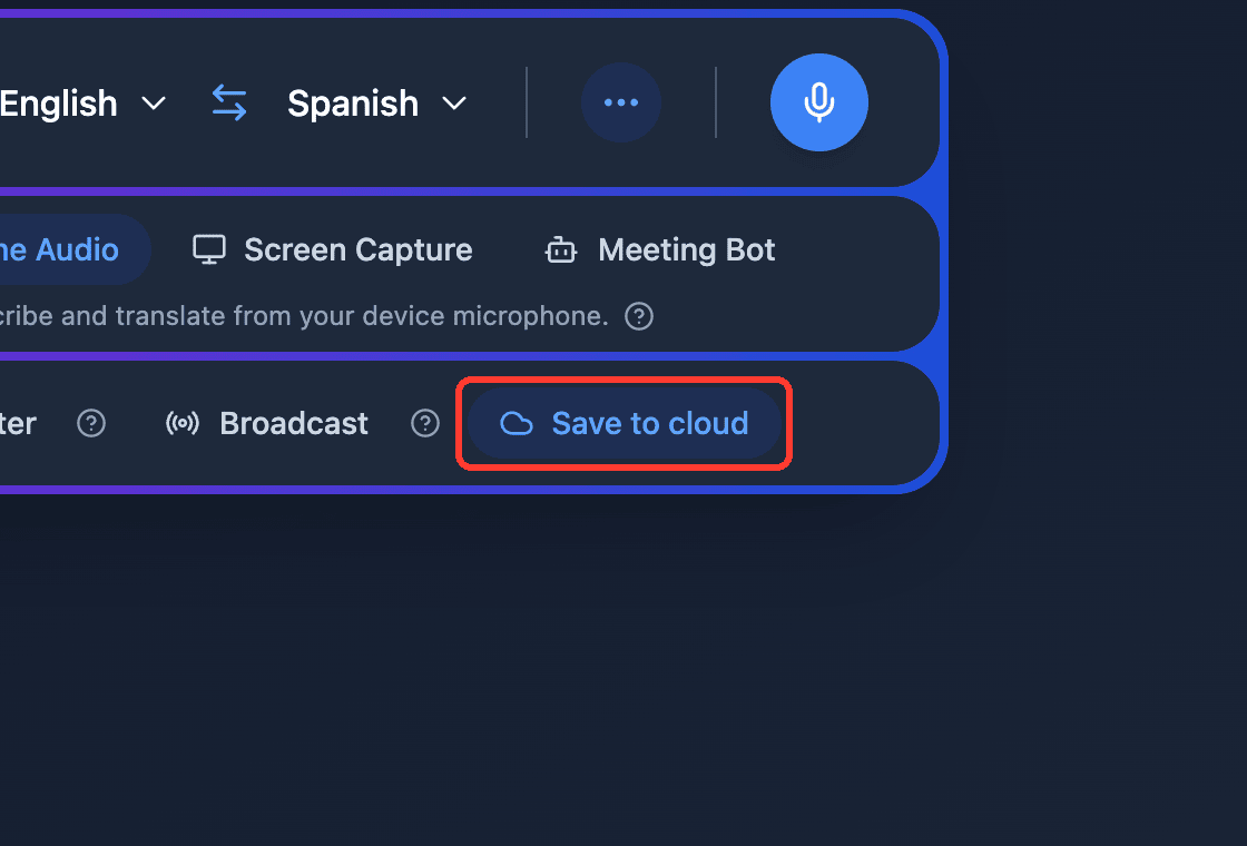 Zoomed view of the Save to cloud toggle in the Whisperr Web App