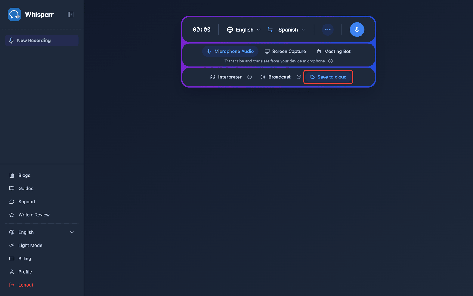 The Save to cloud toggle highlighted in the Whisperr Web App recording bar