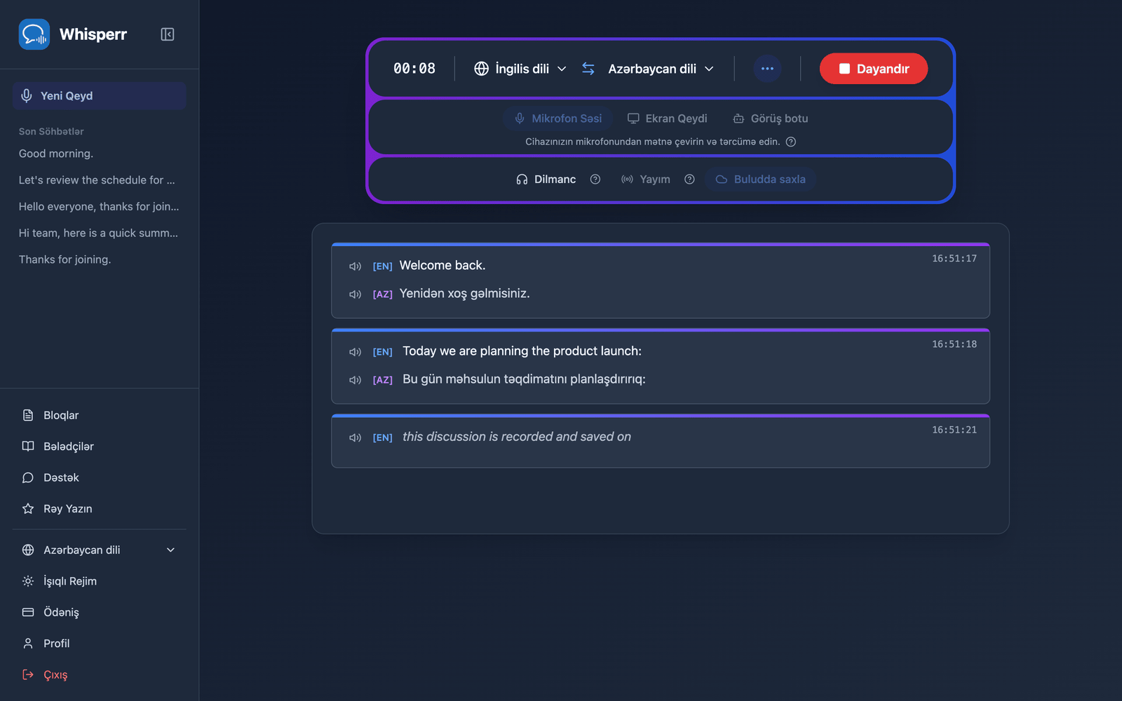 A live recording in the Whisperr Web App with Save to cloud enabled