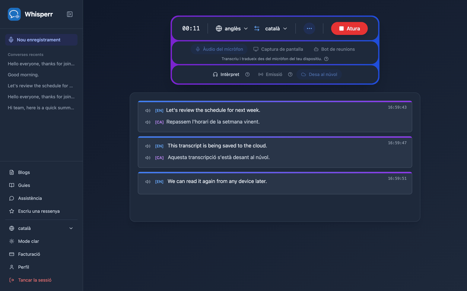 A live recording in the Whisperr Web App with Save to cloud enabled