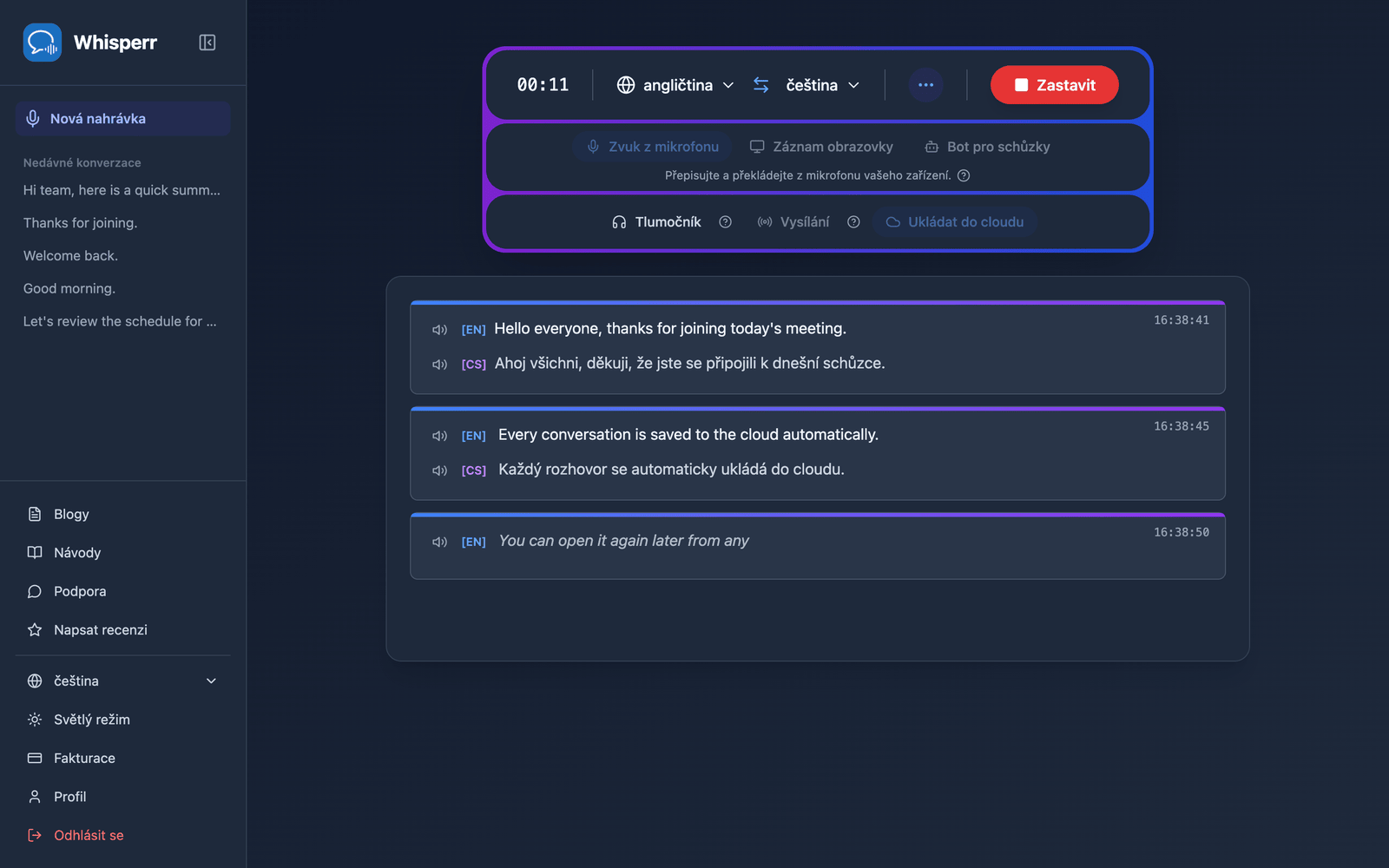 A live recording in the Whisperr Web App with Save to cloud enabled