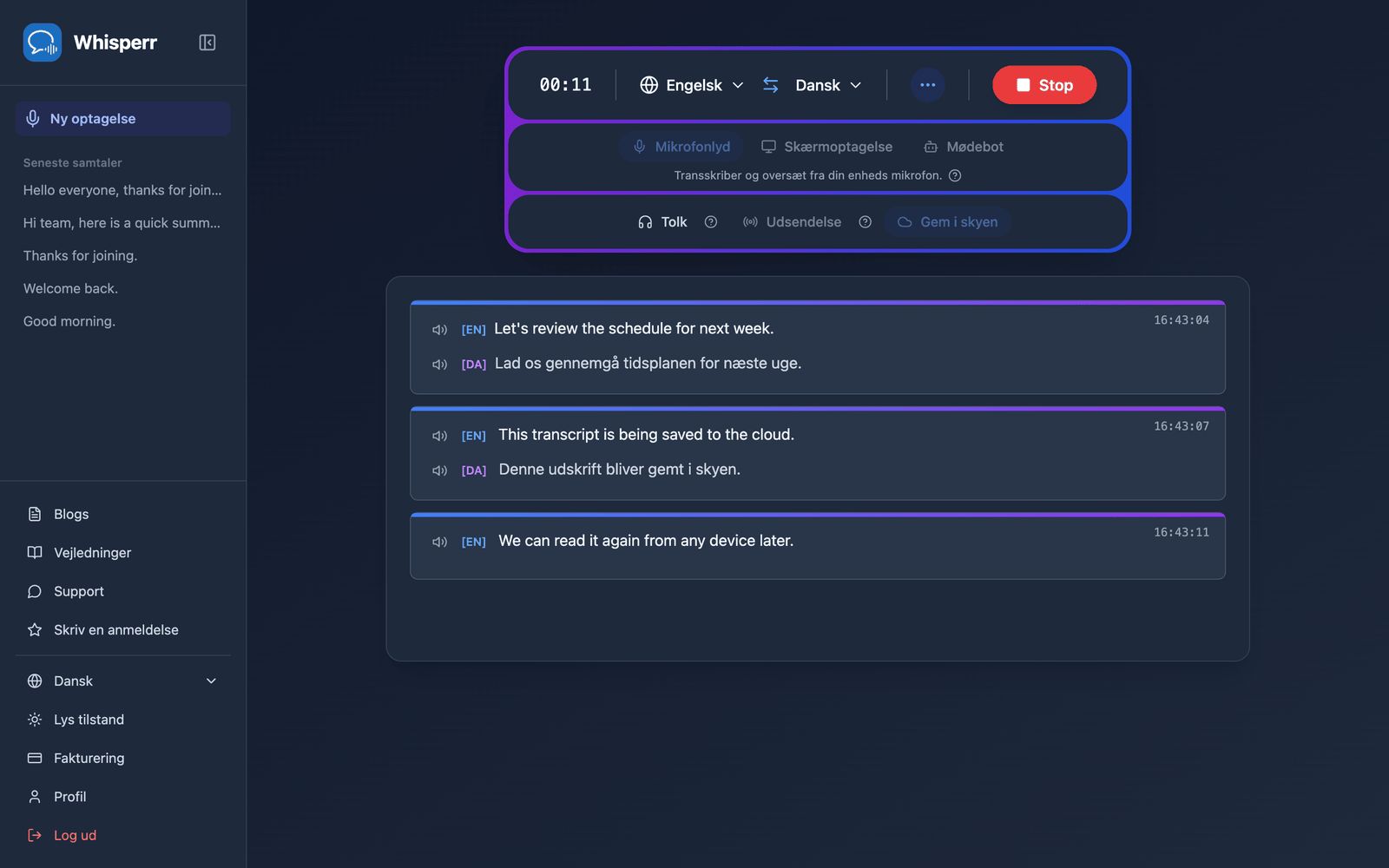 A live recording in the Whisperr Web App with Save to cloud enabled