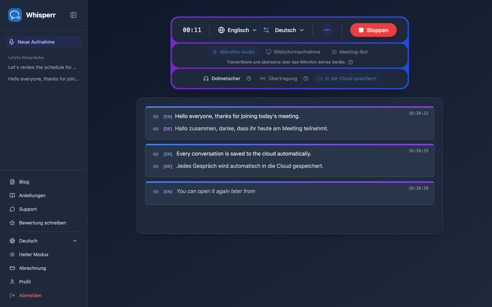 A live recording in the Whisperr Web App with Save to cloud enabled