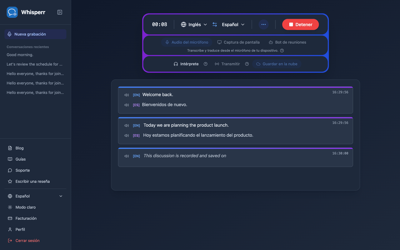 A live recording in the Whisperr Web App with Save to cloud enabled