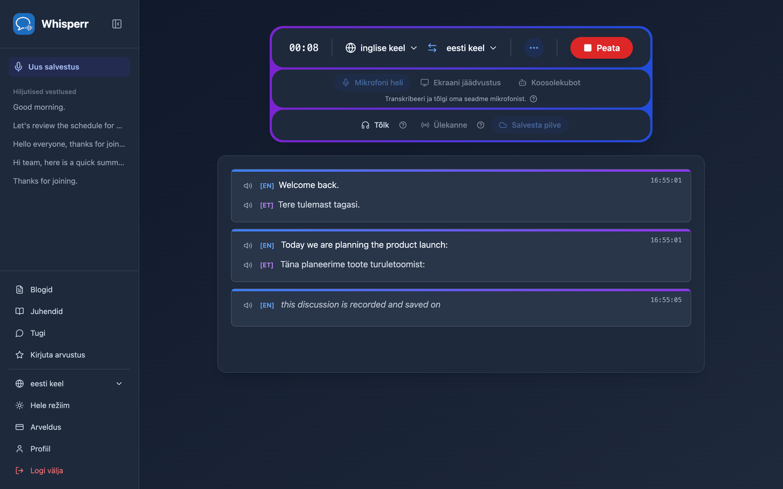 A live recording in the Whisperr Web App with Save to cloud enabled