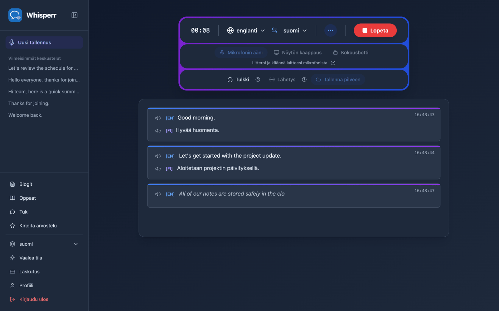 A live recording in the Whisperr Web App with Save to cloud enabled