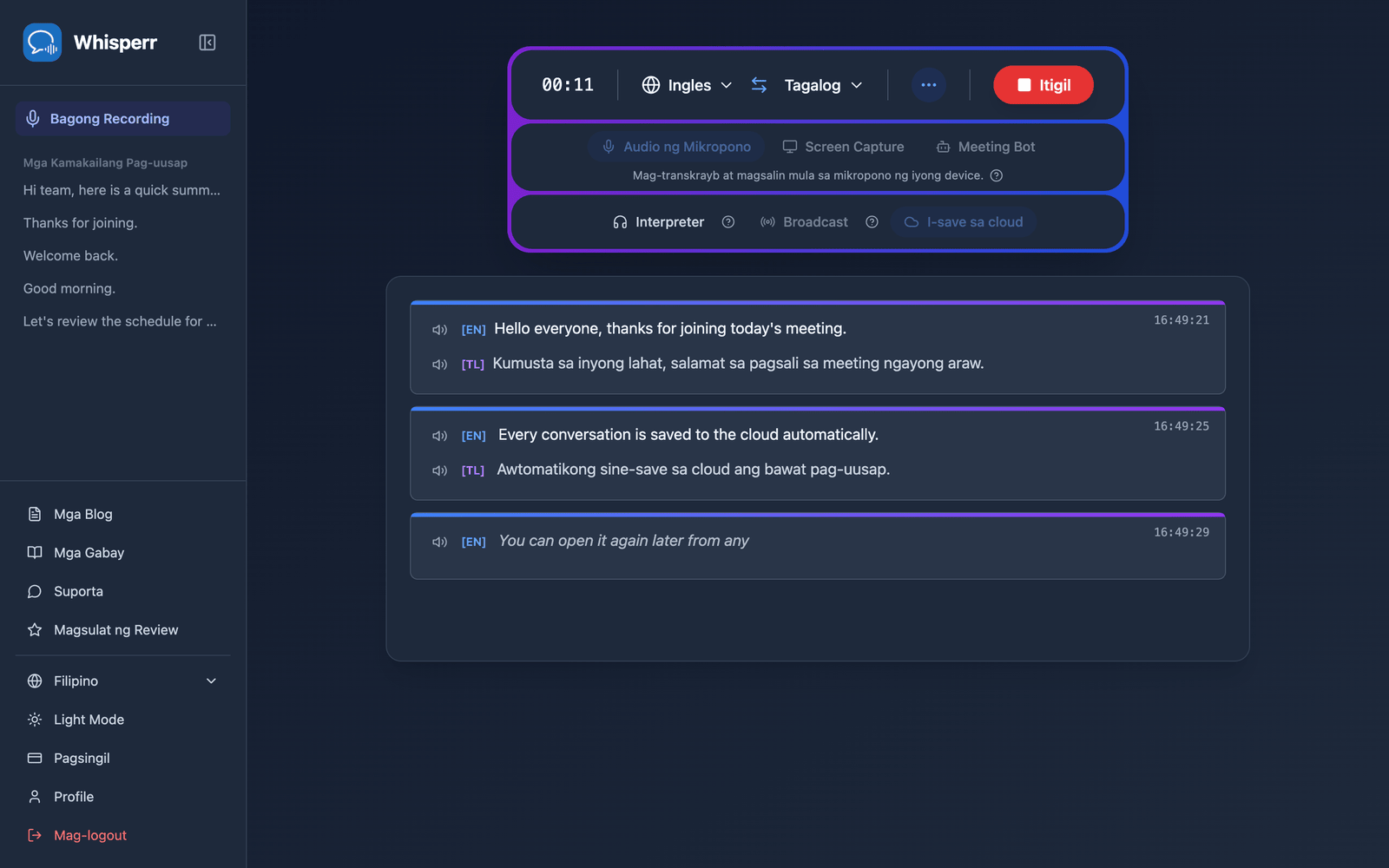 A live recording in the Whisperr Web App with Save to cloud enabled