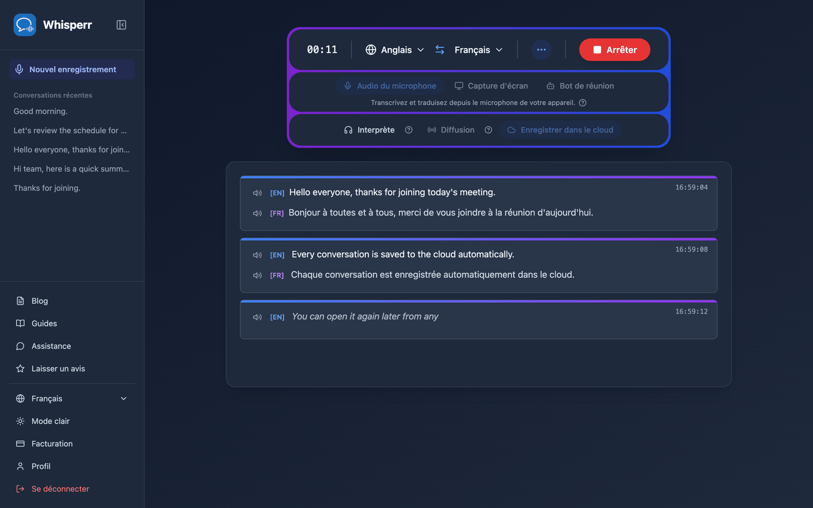 A live recording in the Whisperr Web App with Save to cloud enabled