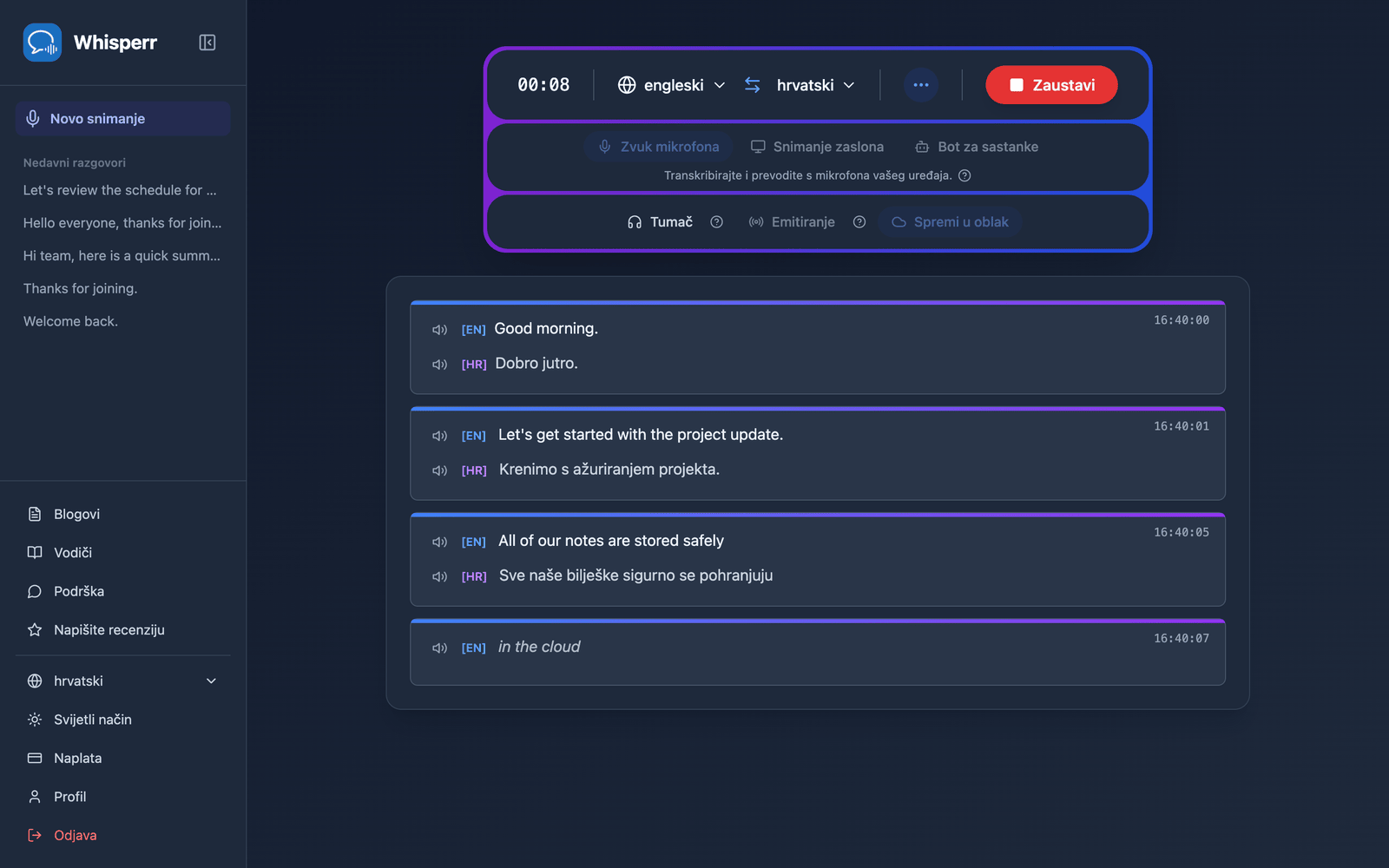 A live recording in the Whisperr Web App with Save to cloud enabled