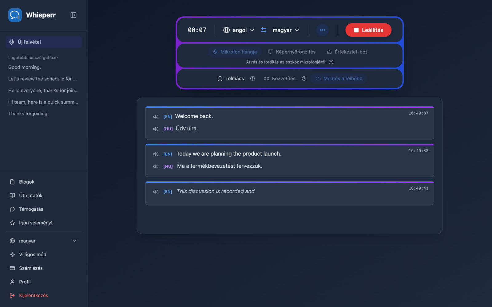 A live recording in the Whisperr Web App with Save to cloud enabled