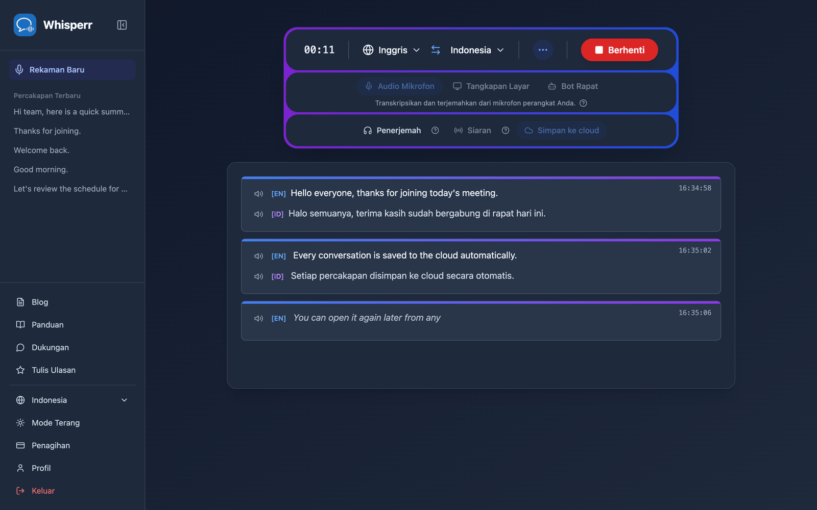 A live recording in the Whisperr Web App with Save to cloud enabled