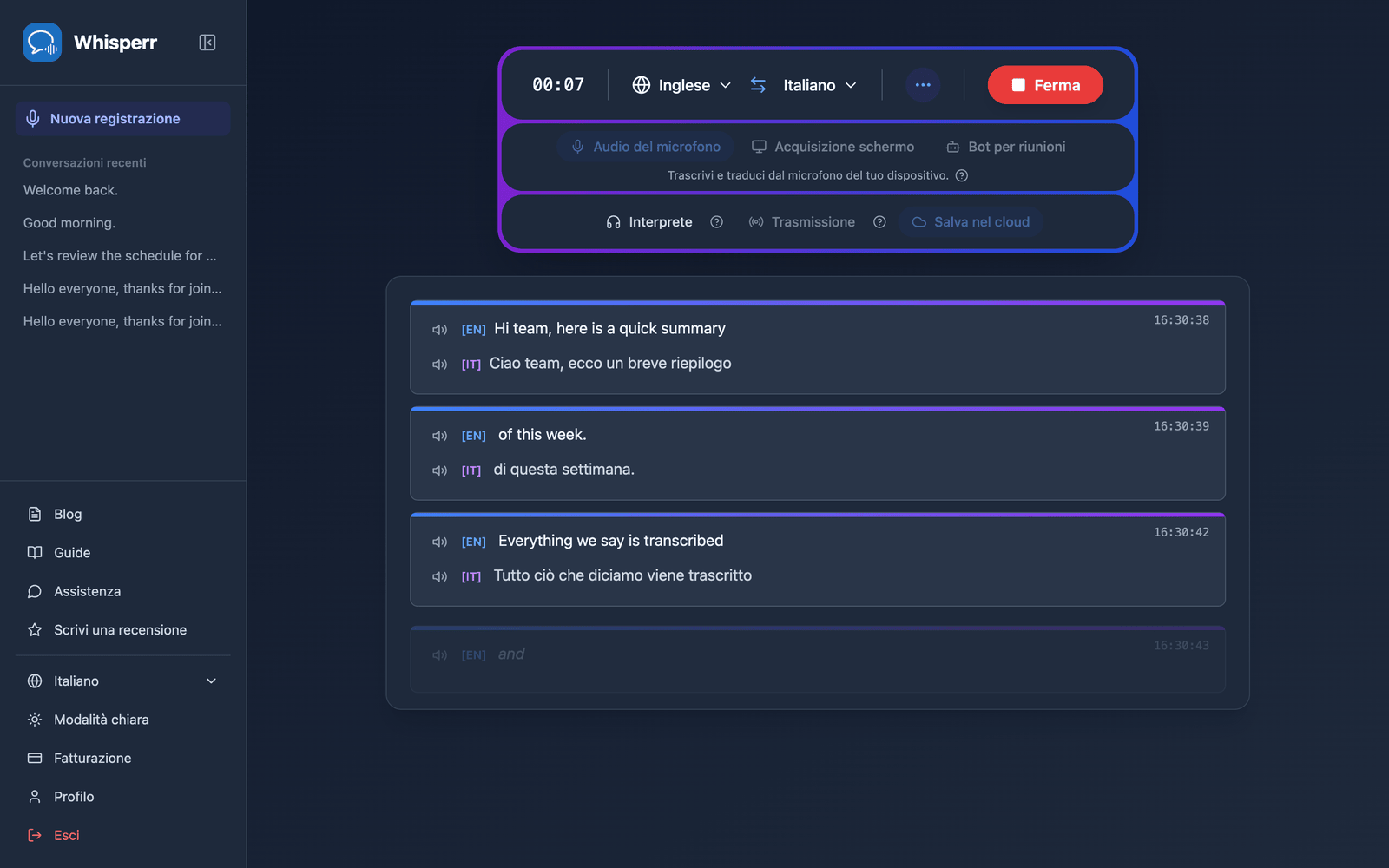 A live recording in the Whisperr Web App with Save to cloud enabled