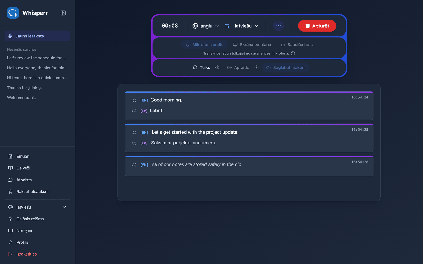 A live recording in the Whisperr Web App with Save to cloud enabled