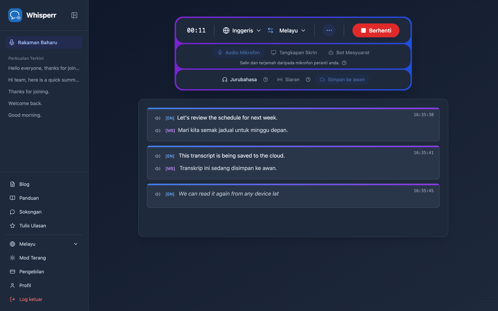 A live recording in the Whisperr Web App with Save to cloud enabled