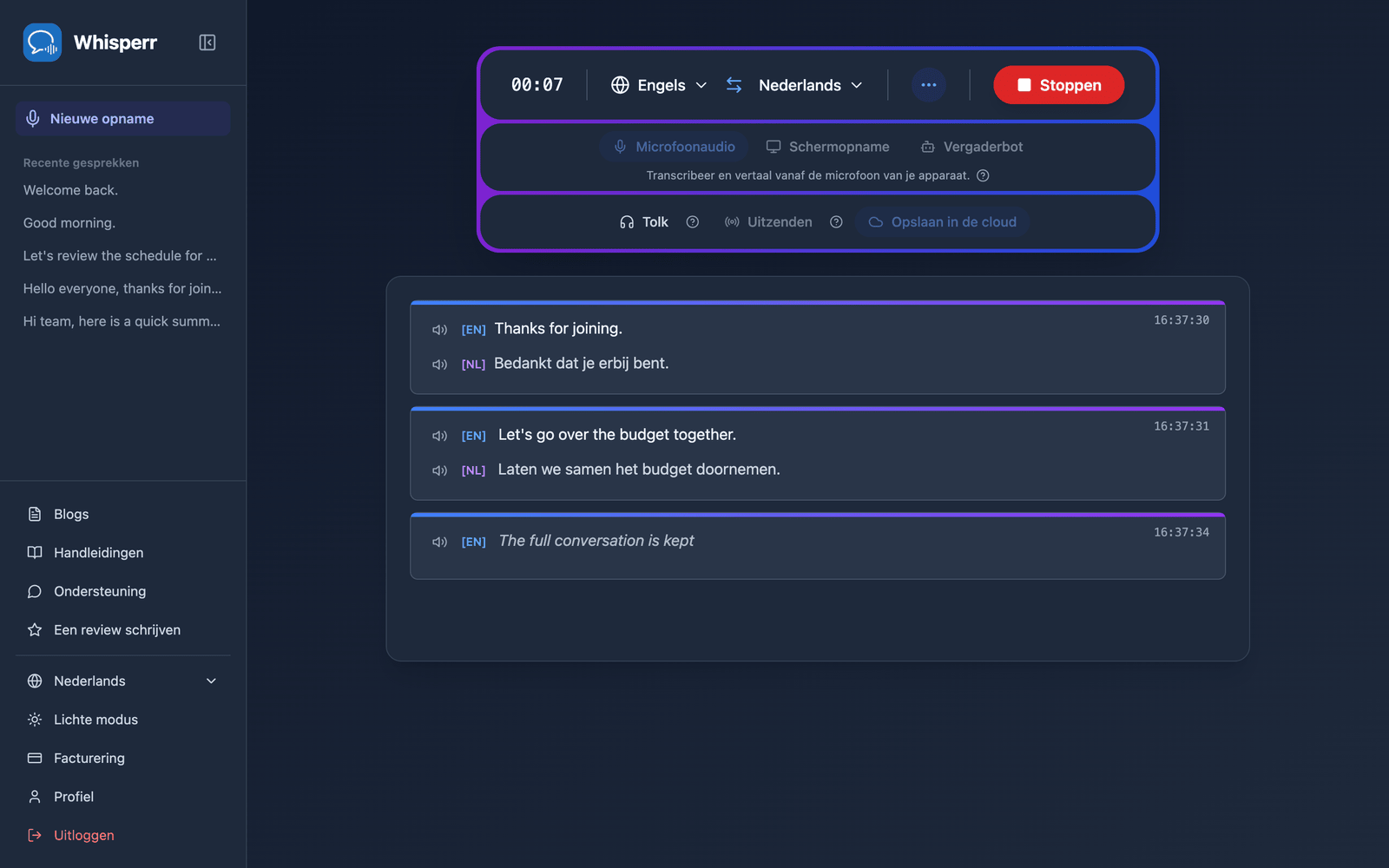 A live recording in the Whisperr Web App with Save to cloud enabled