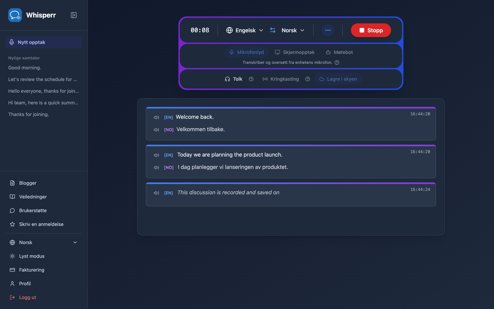 A live recording in the Whisperr Web App with Save to cloud enabled