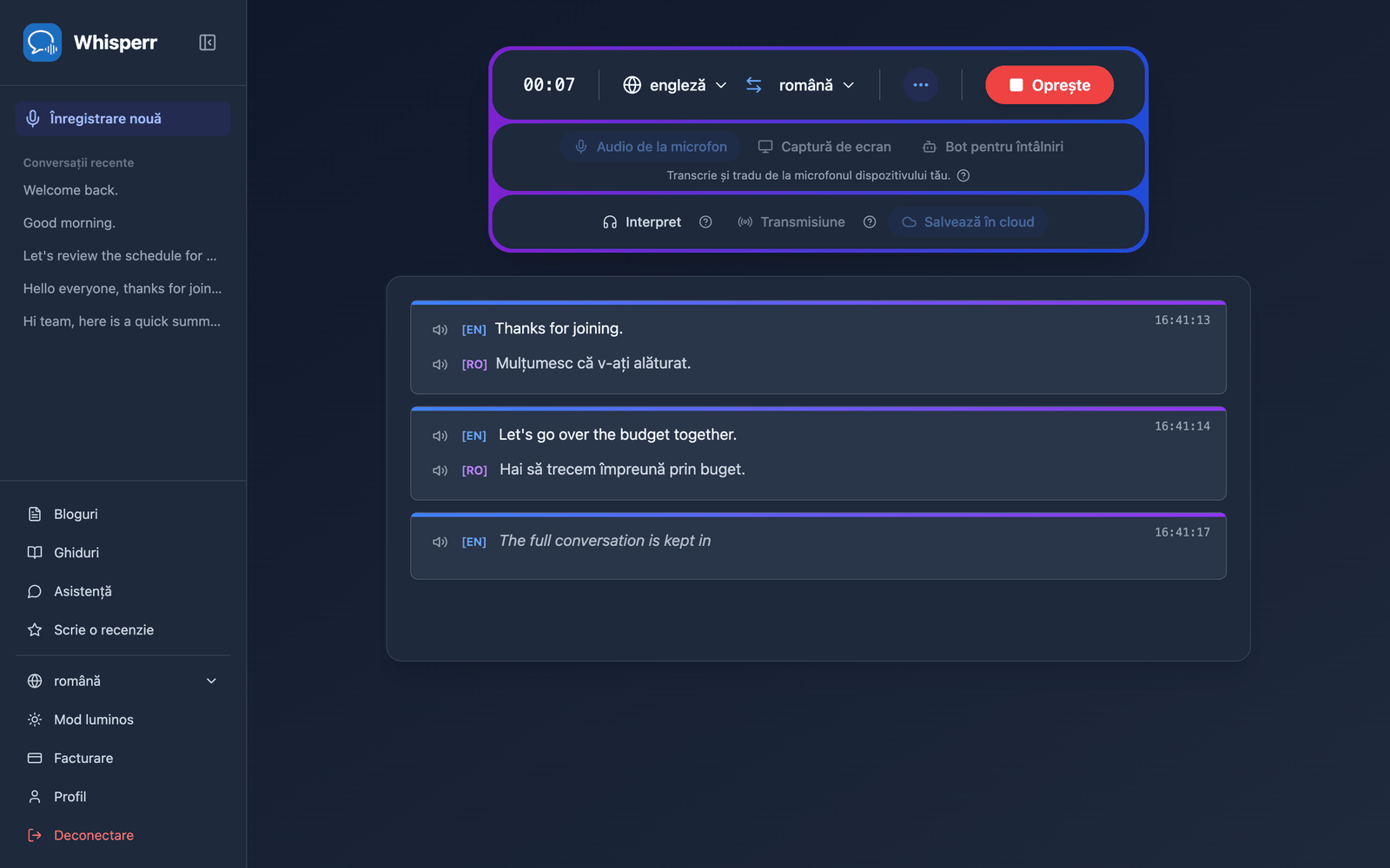A live recording in the Whisperr Web App with Save to cloud enabled