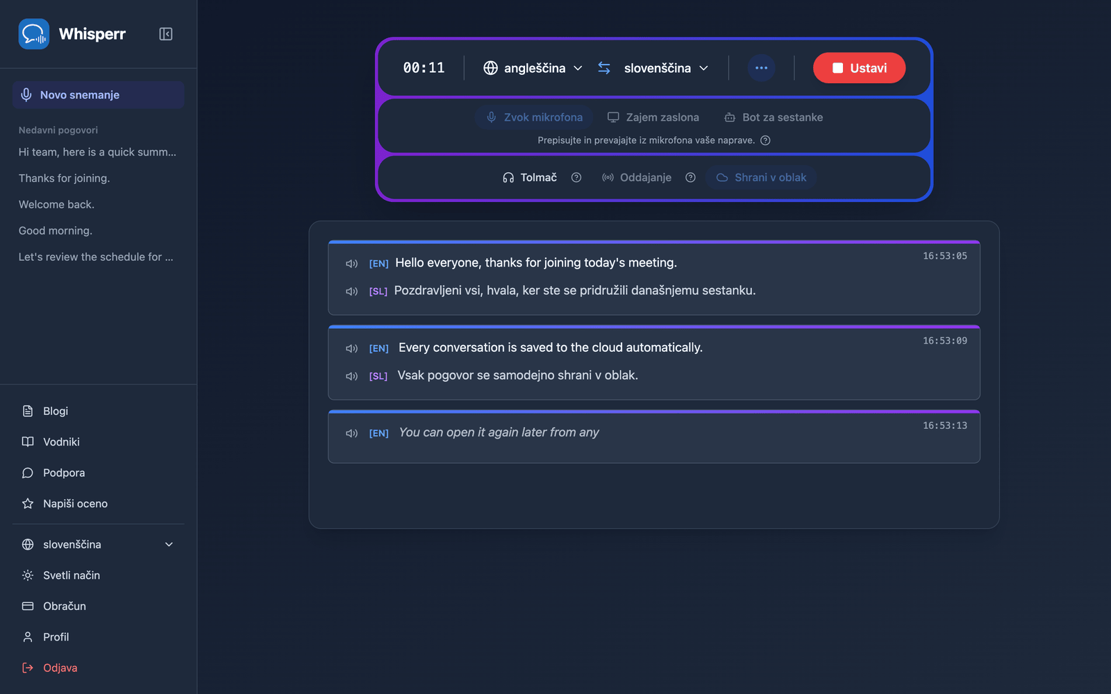 A live recording in the Whisperr Web App with Save to cloud enabled
