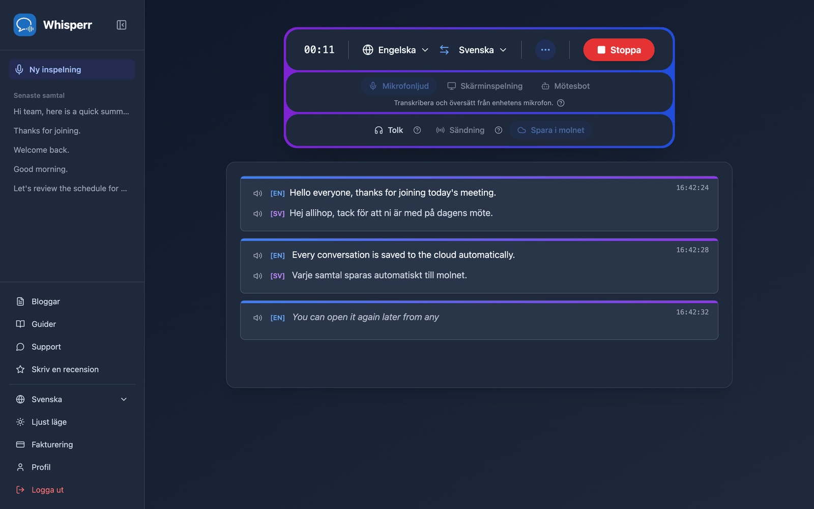 A live recording in the Whisperr Web App with Save to cloud enabled