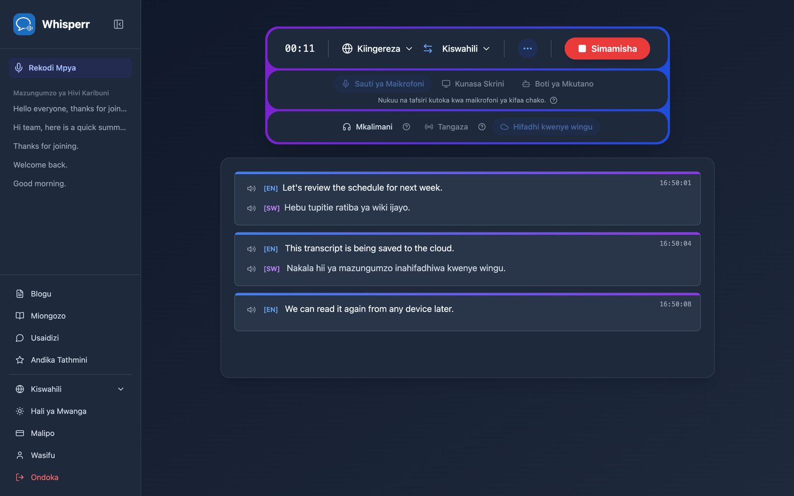 A live recording in the Whisperr Web App with Save to cloud enabled