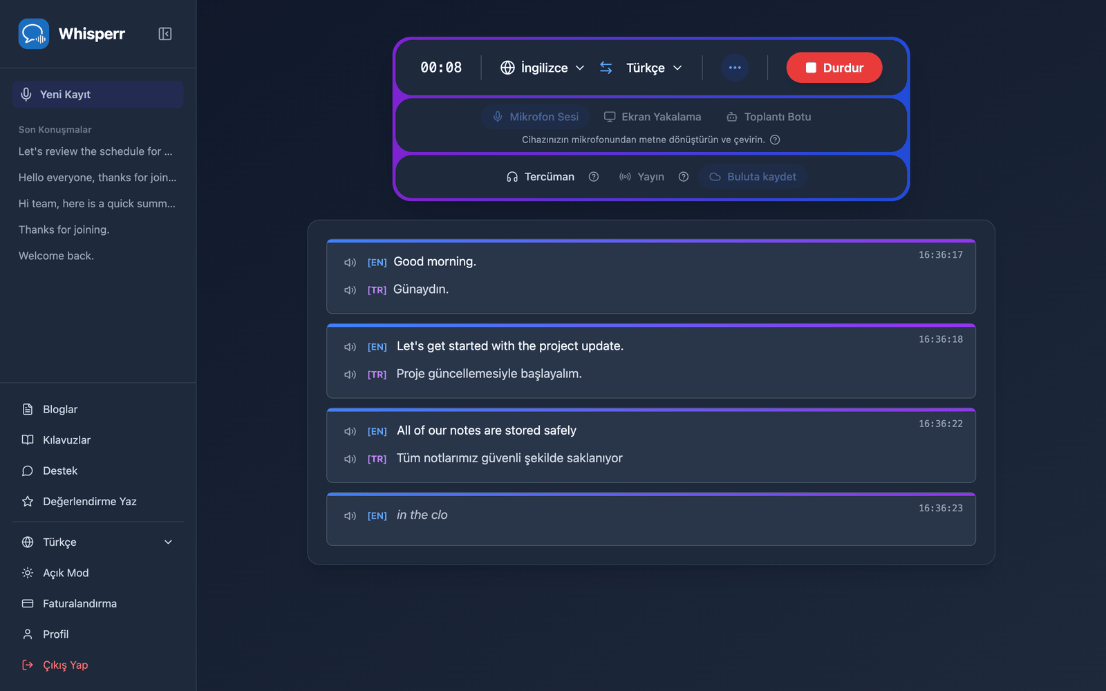 A live recording in the Whisperr Web App with Save to cloud enabled
