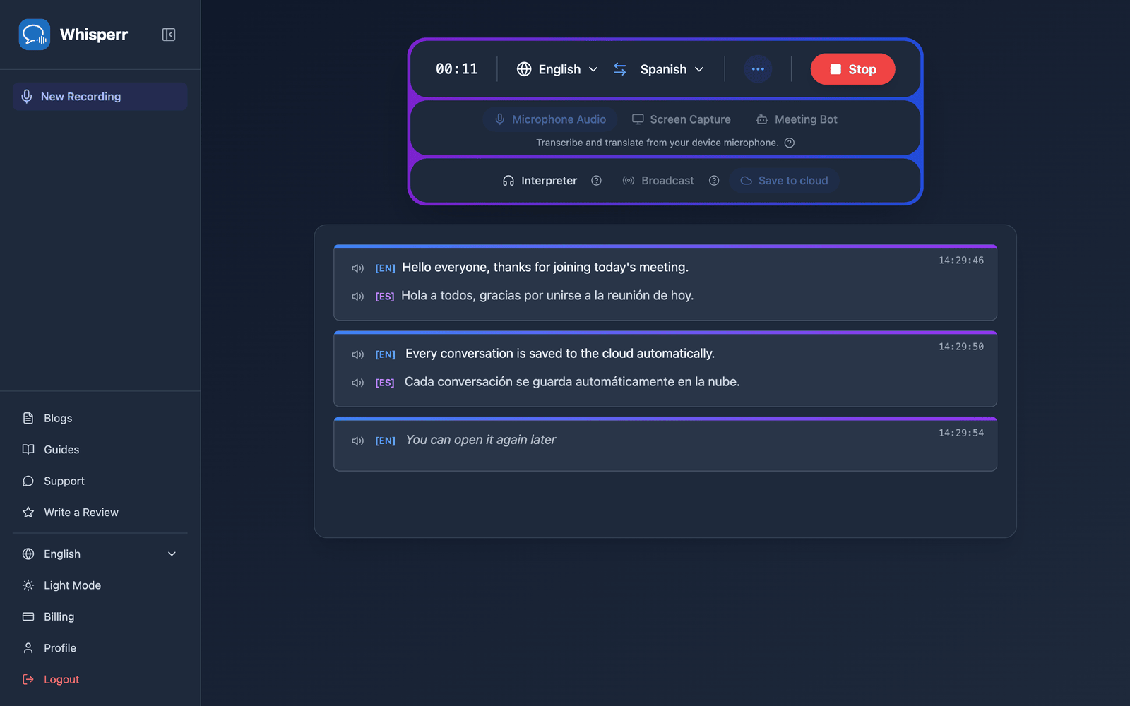 A live recording in the Whisperr Web App with Save to cloud enabled